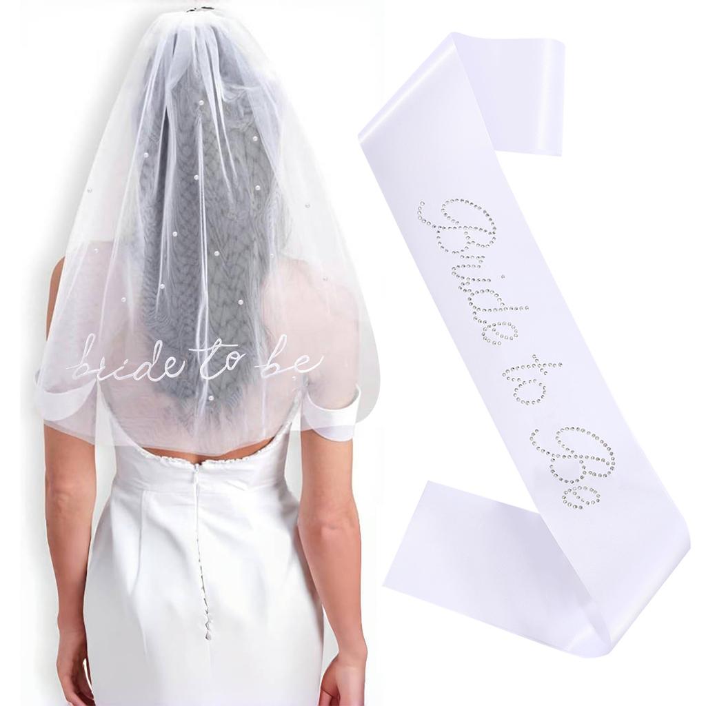 Bridal Pearl Embroidered Veil Shoulder Strap Set Bride Tobe Etiquette Strap Bachelorette Party Wedding Dress Up