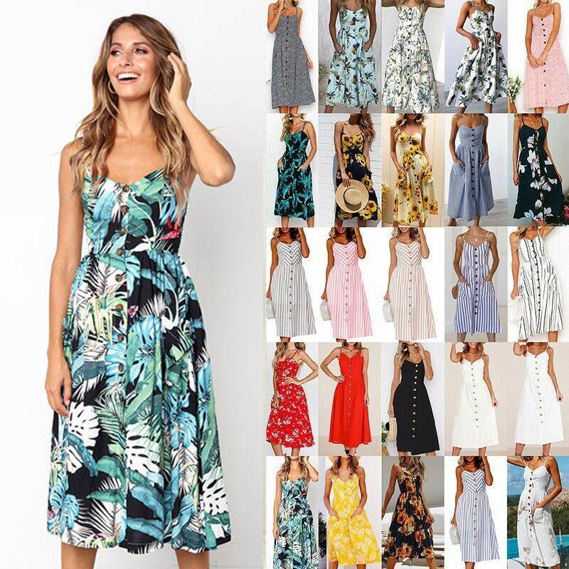 Elegante Abito Midi Estivo da Donna Boho con Spalline Sottili e Tasche a Bottone