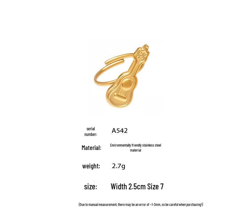 18K Gold-Plated Stainless Steel Guitar Open Ring - Trendy College Style Accessory with Niche Design.