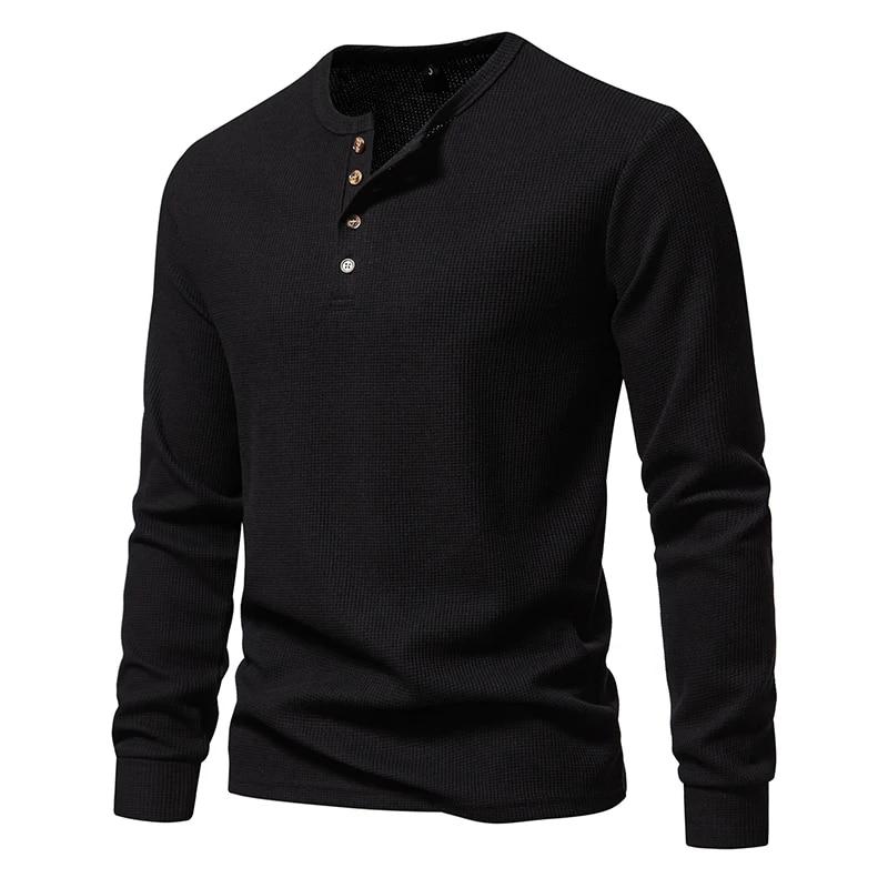 Waffle Henley T-Shirt Men Long Sleeve Basic Breathable Men's Tops Tee Shirts New Autumn Casual Solid Color Button T Shirts