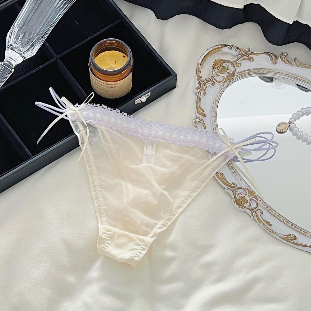 Sexy Damen-Slips Tanga mit Schleife Spitze Jacquard Netz Dünn Transparent Belüftet Niedrige Taille Unterwäsche Der Stoff Ist Bequem Und Weich