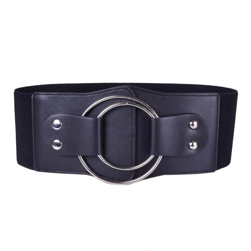 Ladies  Waist Belt Fashionable Casual Metal Circle Decoration PU Leather Belt Elastic Waistband Slim Fit Waist Cincher чёрный