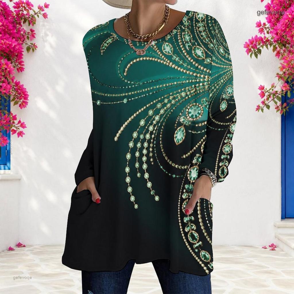 Women Plus Size Round Neck Long Sleeve Printed Light Purple Loose T Shirt With Pockets