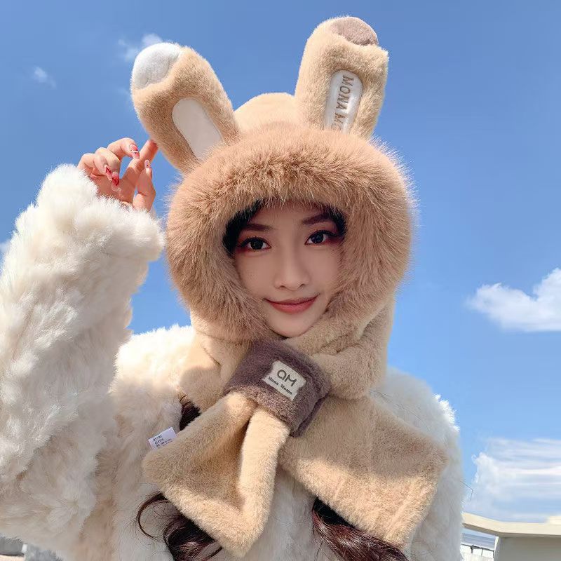 Bunny Ears Hat and Scarf All In One Hat for Women Winter Plush New Style Scarf Furry Two Piece Suit