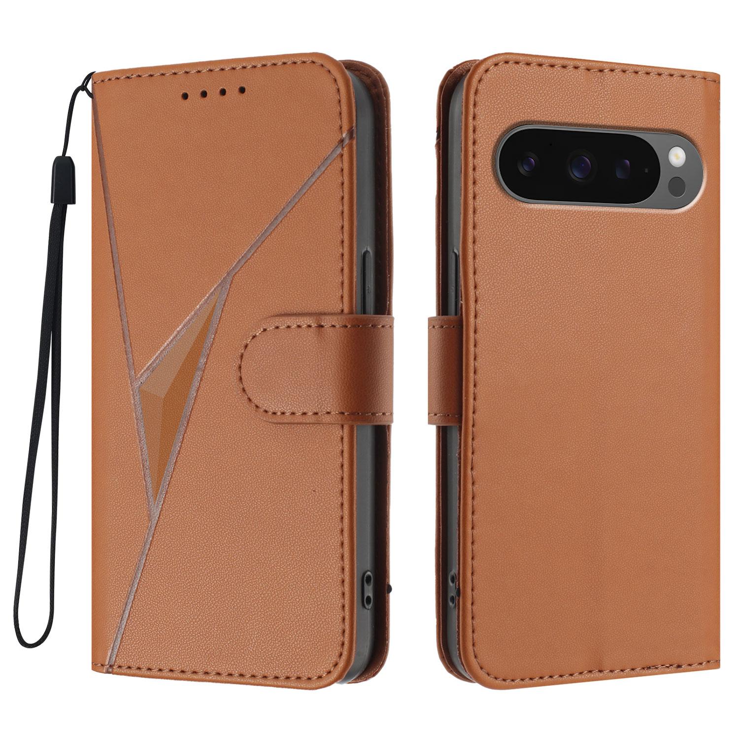 

For Google Pixel 9 Pro XL/Google Pixel 10 Pro XL Case Triangle Imprint Leather Phone Cover with Lanyard Coffee