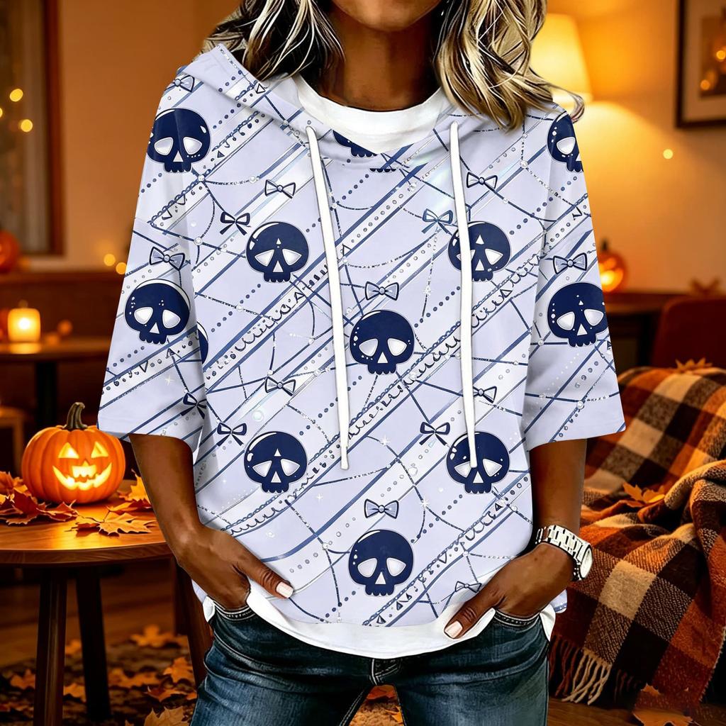 Women's Halloween Print Hooded Top, Loose Fit Casual 3/4 Sleeve Pullover Shirt