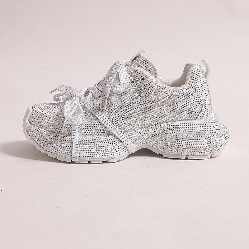 Fashion 5cm Genuine Leather Rhinestone Bling Chunky Sneakers Spring Autumn Rubber Soles Breathable Platform Wedge Women Fashion Shoes