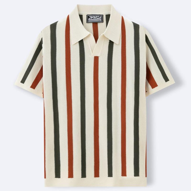 Men's Striped Knit Polo Shirt Casual Short Sleeve Textured Loose Fit Streetwear Top