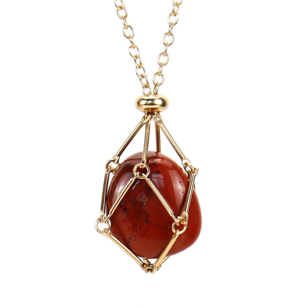 Crystal Rough Stone Handmade Adjustable Stainless Steel Metal Bamboo Mesh Pocket Necklace Woven Pendant N683