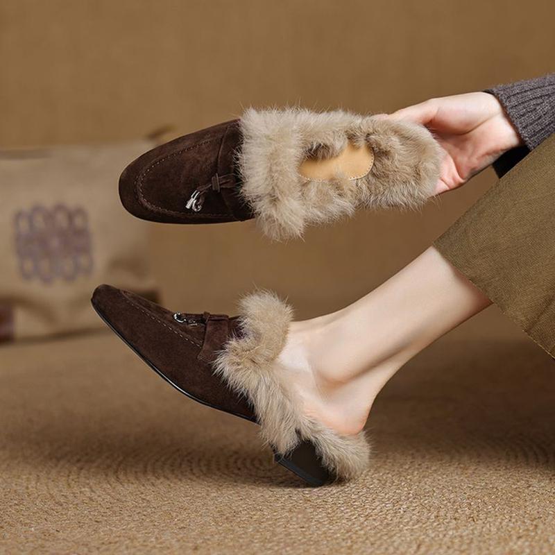 Mote NYE Vintersko Sauesemsket Skinnsko Dame Rund Tå Lav Hæl Skotrekk Tå Slingback Dame Mules Kaninhår Tøfler