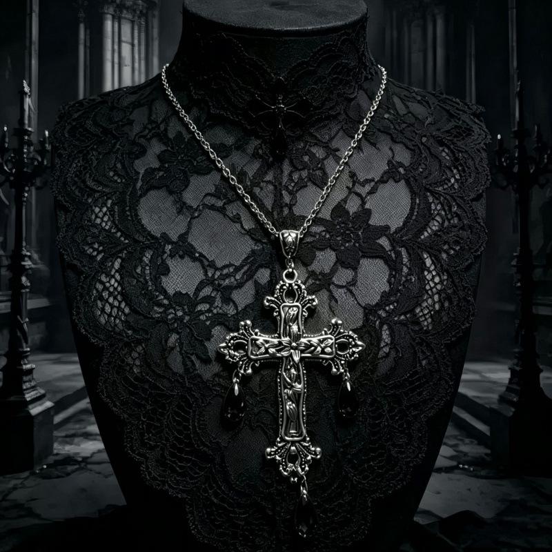 Gothic Y2K Spicy Girl Dark Cross Thorn Necklace - Harajuku Hip Hop Retro Streetwear Sweater Chain