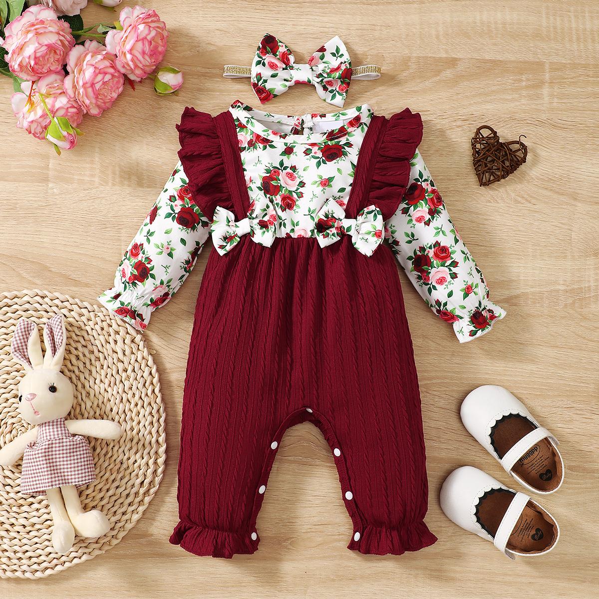 0-18 Mois Bébé Fille Nouveau-né Combinaison Mignonne Florale Manches Longues avec Nœud Body+Bandeau pour Bébé Fille Combinaison Printemps/Automne 6-9M