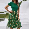 Women's Fashionable Retro Patterned Printing Color Blocked Belt Casual Dress