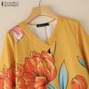 ZANZEA Women Casual V-Neck Loose 3/4 Sleeve Floral Print Dress