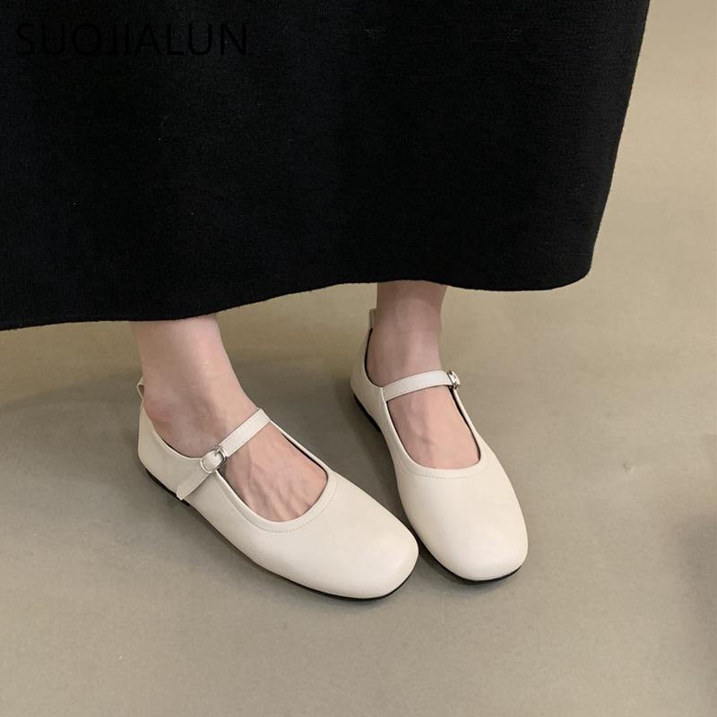 Fashion SUOJIALUN Autumn Women Flat Shoes Fashion Round Toe Shallow Slip On Mary Jane Shoes Flat Heel Ladies Elegant Outdoor Ballerinas
