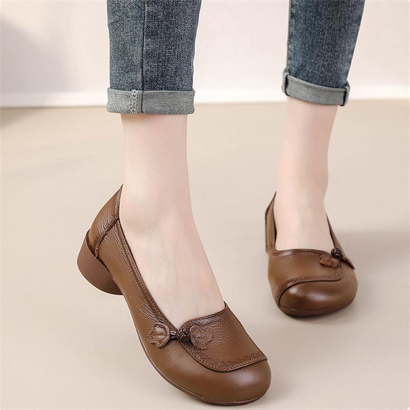 Genuine Leather Women's Shoes Low Heeled Retro Cowhide Single Shoes Women Shallow Mouth Loafers Ladies Casual Comfortable Shoes