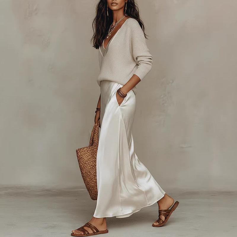Spring Long Sleeve Loose Sweater Women's Set Elegant V Neck Satin Long Dress Suit Summer Casual Slim Vacation Beach Outfit Mujer