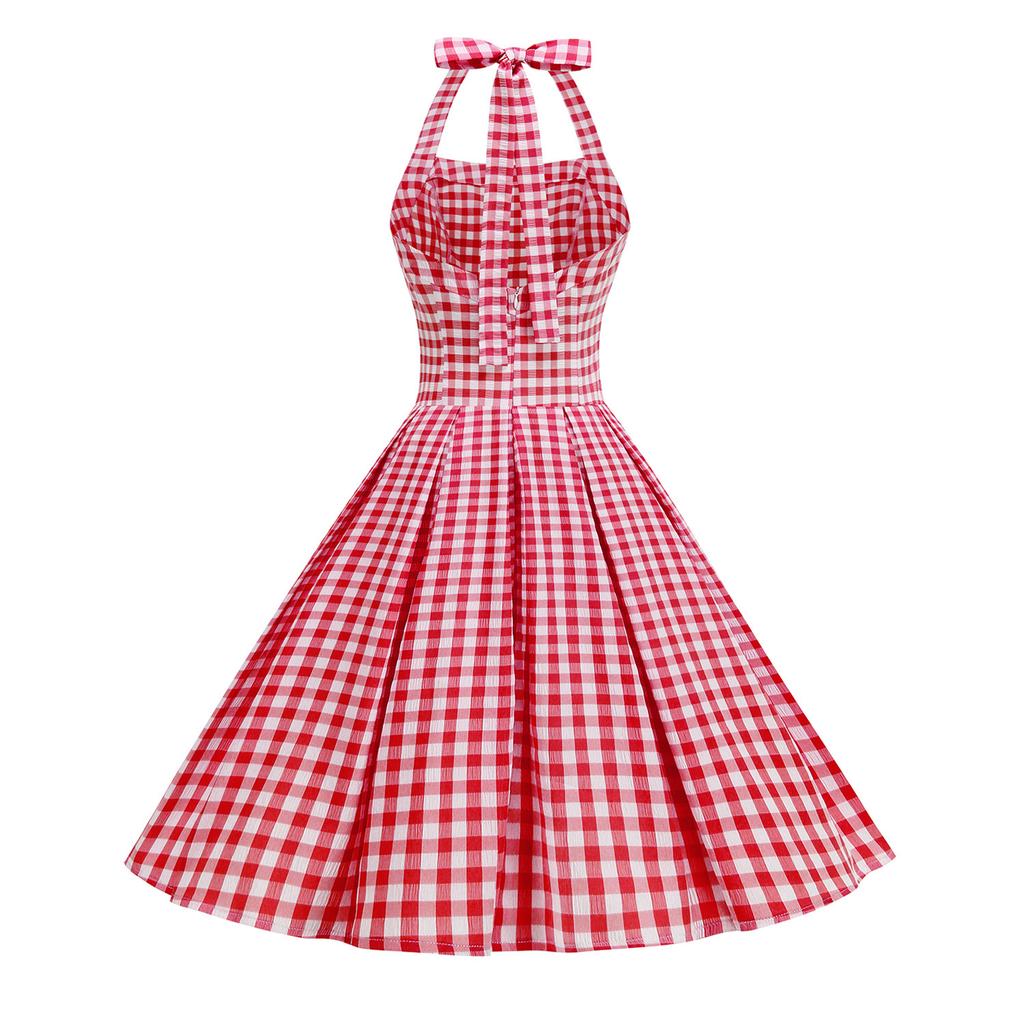 Checked, off-the-shoulder, figure-hugging, edgy, backless, sexy, pleated, vintage halter-neck dress