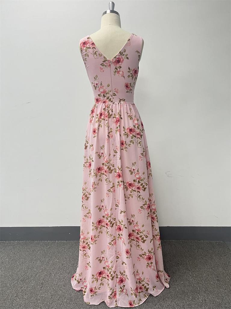 European & American Women’s Chiffon A-Line Evening Dress with Double V-Neck, Sleeveless Design, Slit, and Elastic Waist.