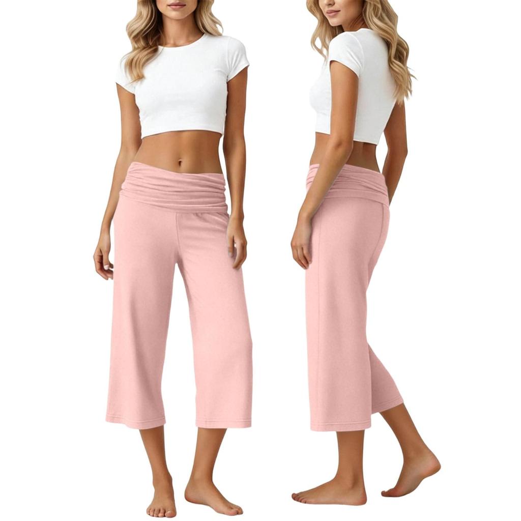 Womens Fold Over Cropped Pants Flared Bottom Fold Over Sweatpants Low Yoga Strechy Casual Wide Leg Sweatpant