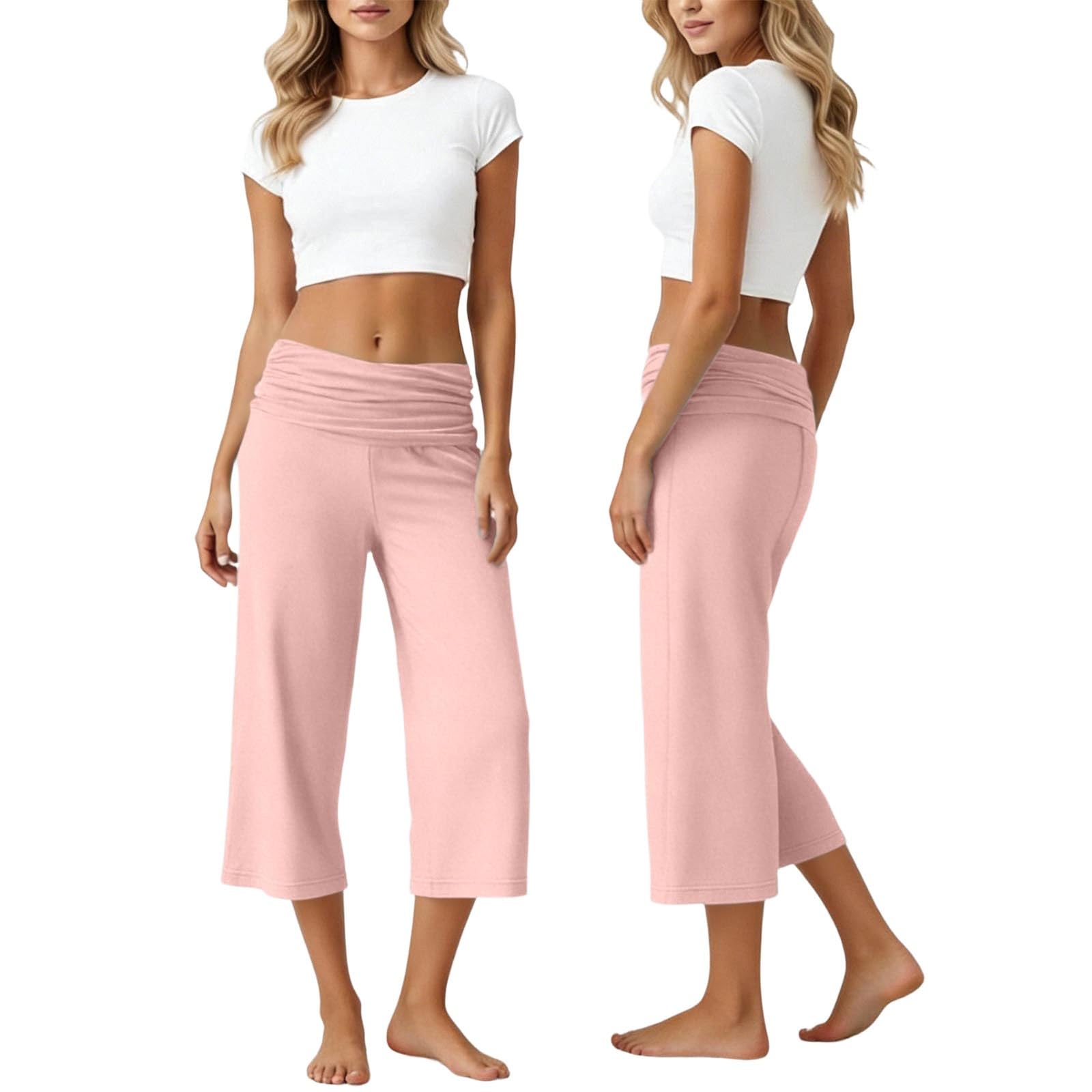 

Women s Pleated Yoga Pants Loose Fit Wide Leg Cropped Trousers Casual Comfortable Stretch Fabric Soft Waistband XL розовый