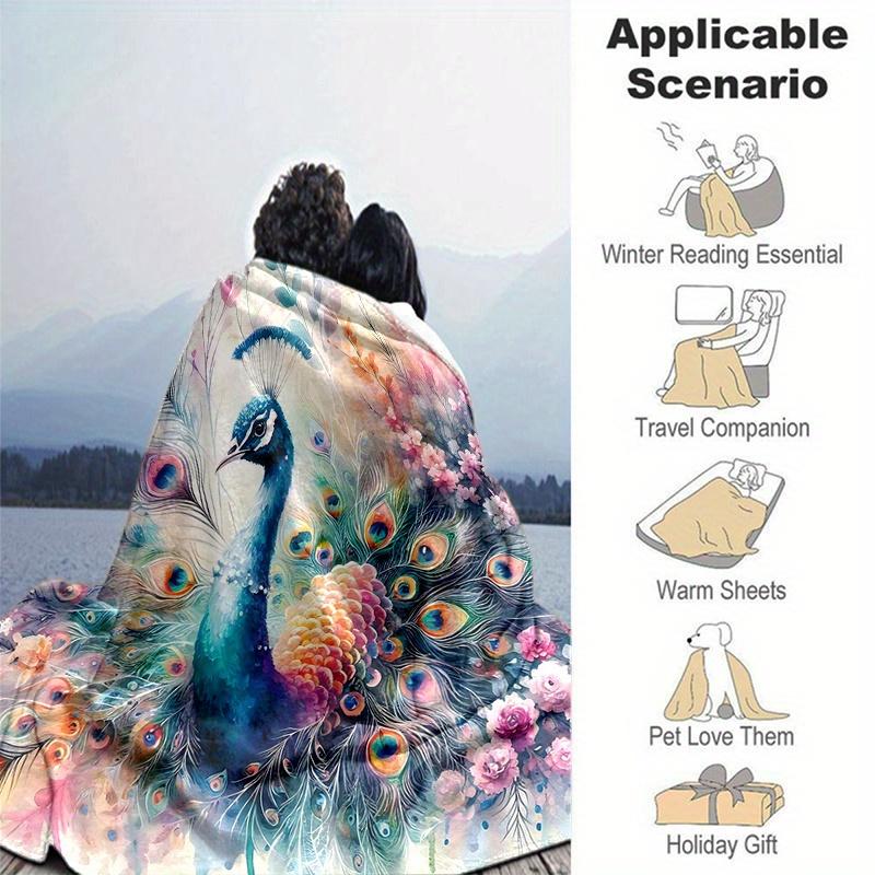 1pc Colorful Peacock with Feathers Spread Amidst Flowers and Nature's Beauty Blanket  Soft, Travel Use, Living Room, Travel, Camping, Car Blankets