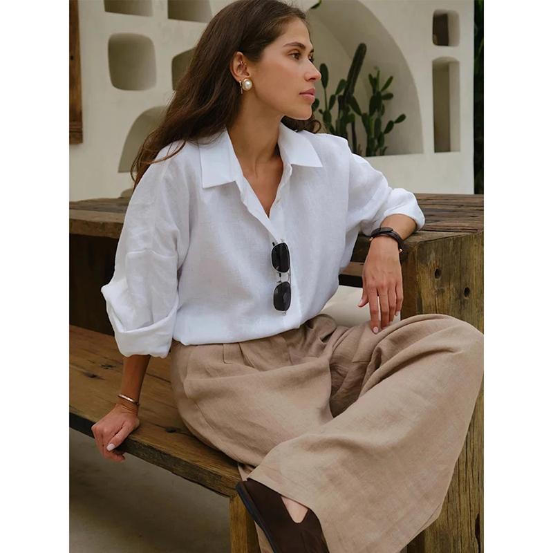 Autumn Fashion Loose Women's Shirts Long Sleeve Lapel Oversize Female Blouses Elegant Cotton Linen Lady Shirts