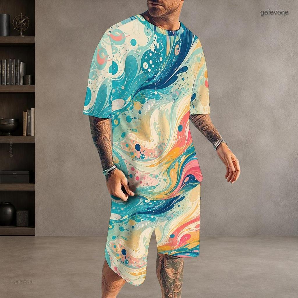 Men s Plus Size Colorful Swirl Printed Round Neck Short Sleeve T Shirt And Shorts Two Piece Set