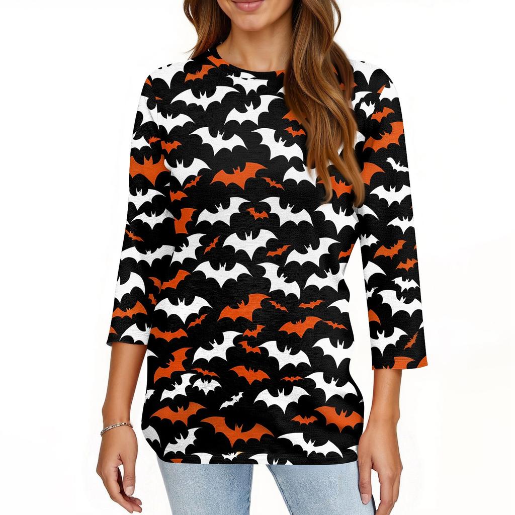 Women's Fashionable Casual Three Quarter Sleeve Halloween Printed Collar Pullover Top