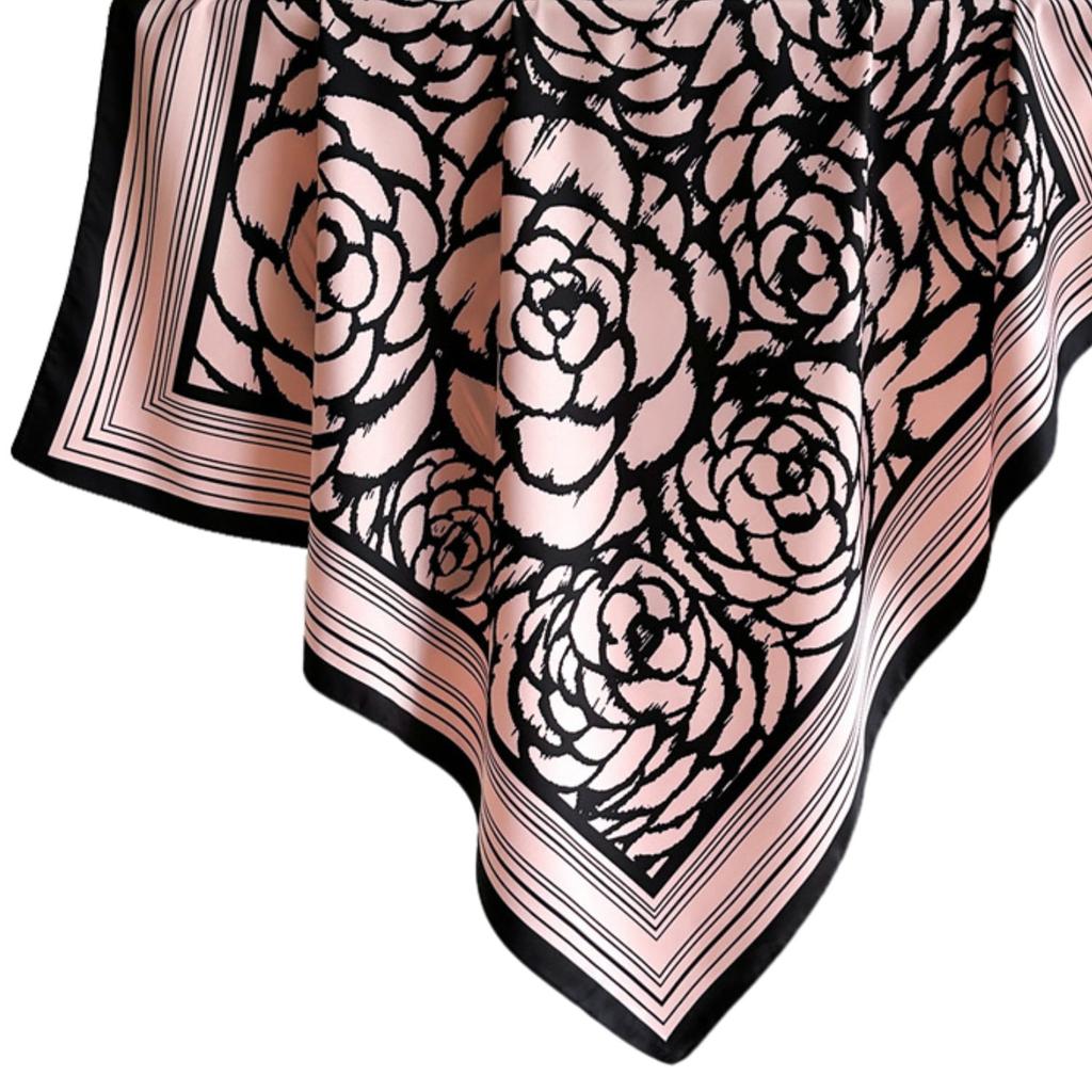Women' Scarf 90X90 "Black Camellias on Powder Pink" - Elegant Floral Scarf, Imitation Silk
