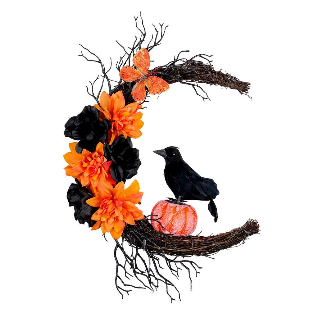 Gruseliger Halloween-Kranz: Orange & Schwarze Krähe mit Mond, Kürbissen & Getrockneten Ranken – Perfekte Tür- oder Wand-Festivaldekoration