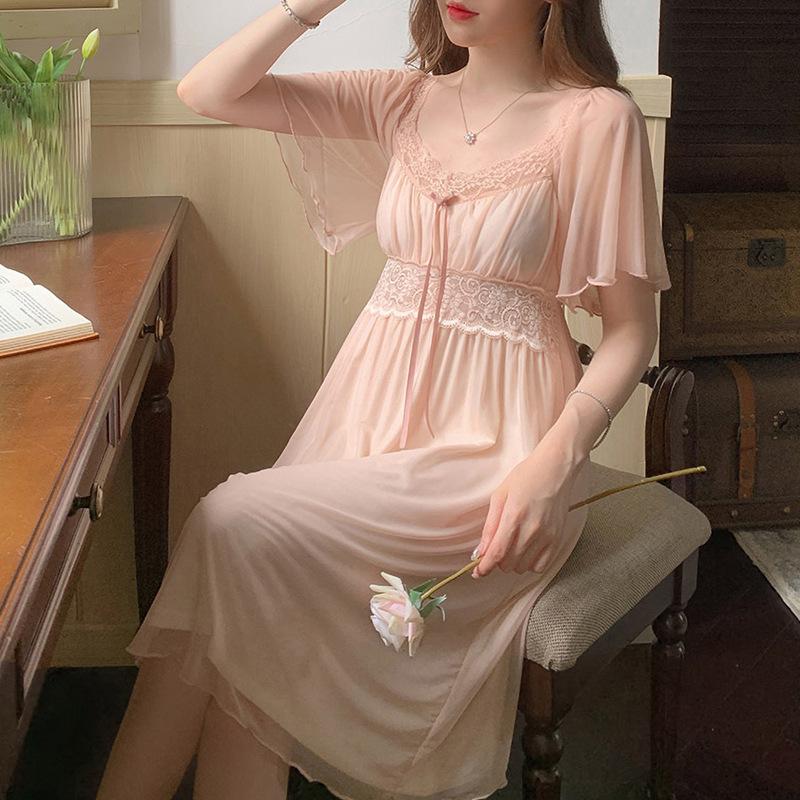 

Кружевное кружевное ночное платье Женское летнее милое на бретельках с бантом и нагрудными подушечками можно носить на улице сетчатое ночное платье в стиле pure desire 2XL