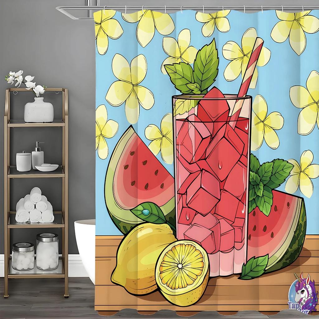 Refreshing Watermelon Lemonade Shower Curtain For A Vibrant Bathroom, Featuring A Colorful Drink With Mint And Yellow