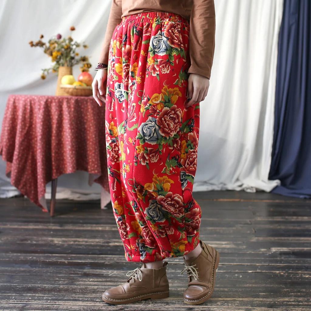Johnature Dámské teplé kalhoty Vintage Plus s elastickým pasem Zimní kalhoty Červené květinové kalhoty v čínském stylu