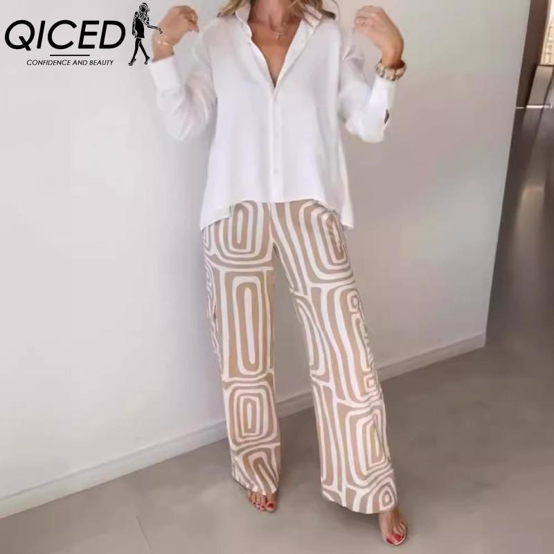 QICED Costumes pantalons pour femmes Mode Décontracté Couleur Unie Imprimé Manches Longues Col Polo