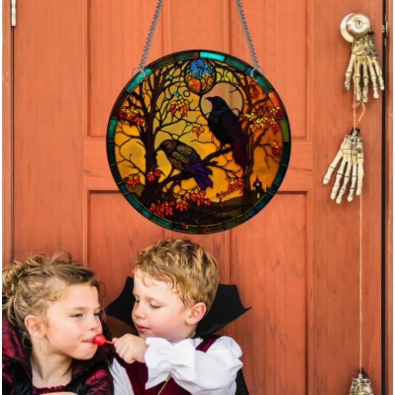 Black Cat Crow Acrylic Round Plate Home Halloween Window Wall Decor Creative Craft Pendants Creation Pendant Retro Decoration