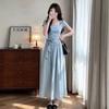 French Gentle Wind Square Neck Blue Dress Women's Summer New Bow Waist Skinny Long Dress Skirt