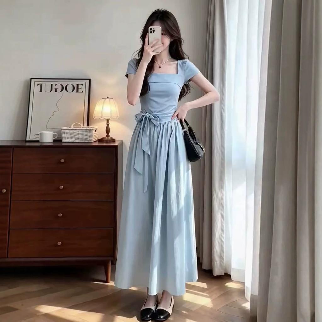 French Gentle Wind Square Neck Blue Dress Women's Summer New Bow Waist Skinny Long Dress Skirt