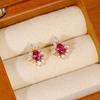 Silver Art S925 Sterling Red Zirconia Stud Earrings with Paved Diamonds - Fashionable Light Luxury French Style for Women