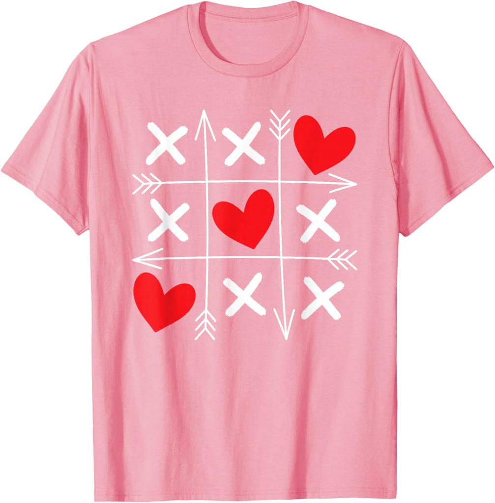 Tic Tac Toe Heart Arrows Valentine Day Graphic Tee Soft Cotton Casual T-Shirt for Men and Women