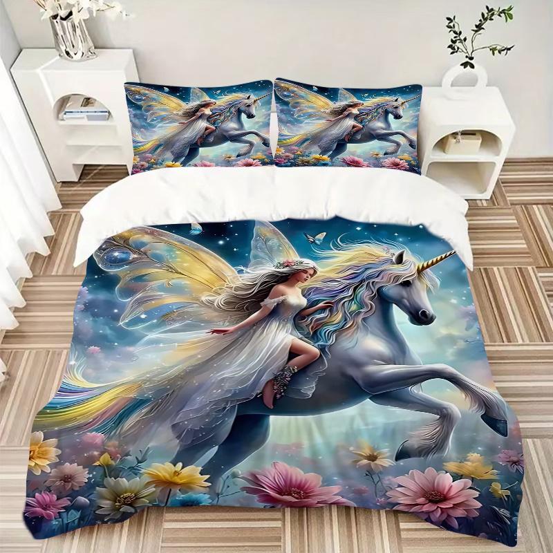 3pcs Fantasy Unicorn Fairy Bedding Set - Includes One Quilt Cover and Two Pillowcases (No Core) - Anime Cartoon Design, Perfect for Bedroom and Guest