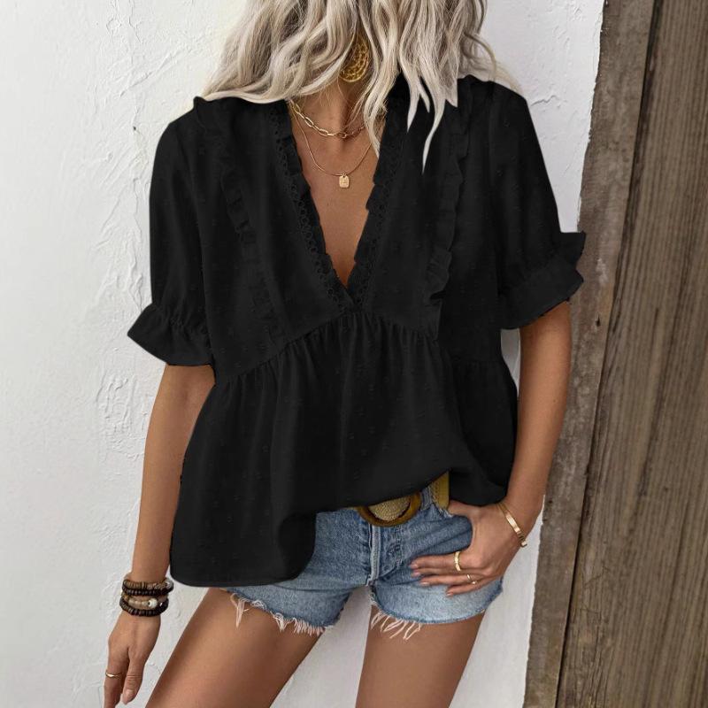 Women s Short Sleeve V Neck Lace Trim Blouse and Denim Shorts Set S чёрный