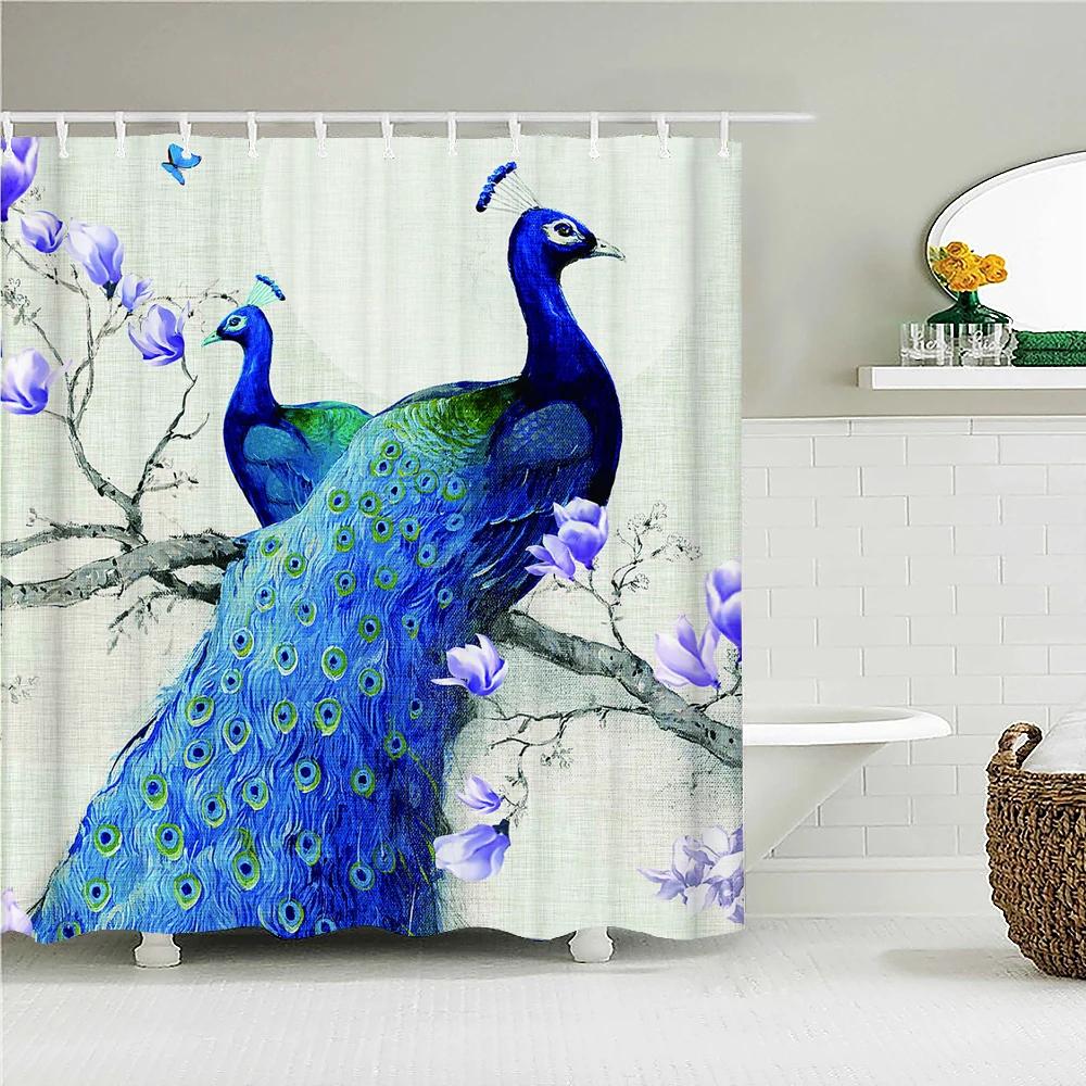 Peacocks Shower Curtains Chinese Birds Feather Bathroom Curtains Retro Flower Waterproof Polyester Bathtub Screen With Hooks