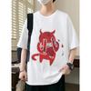 Europäische Größen Herren Lockeres Grafik-T-Shirt - Kräftiger Roter Teufel und Flammen-Print Street Style Kurzarm Rundhals Freizeit-Shirt