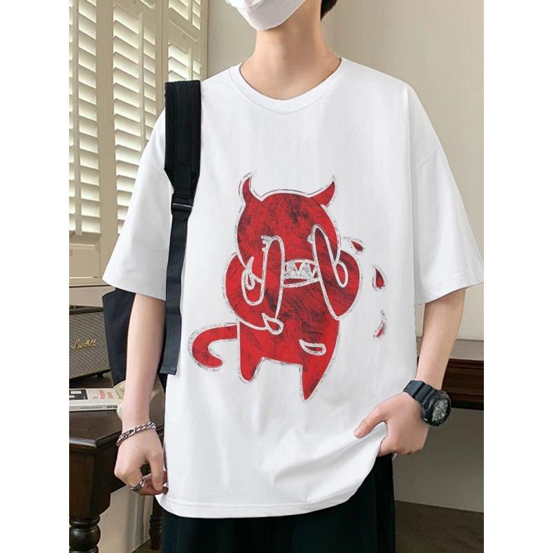 Europäische Größen Herren Lockeres Grafik-T-Shirt - Kräftiger Roter Teufel und Flammen-Print Street Style Kurzarm Rundhals Freizeit-Shirt