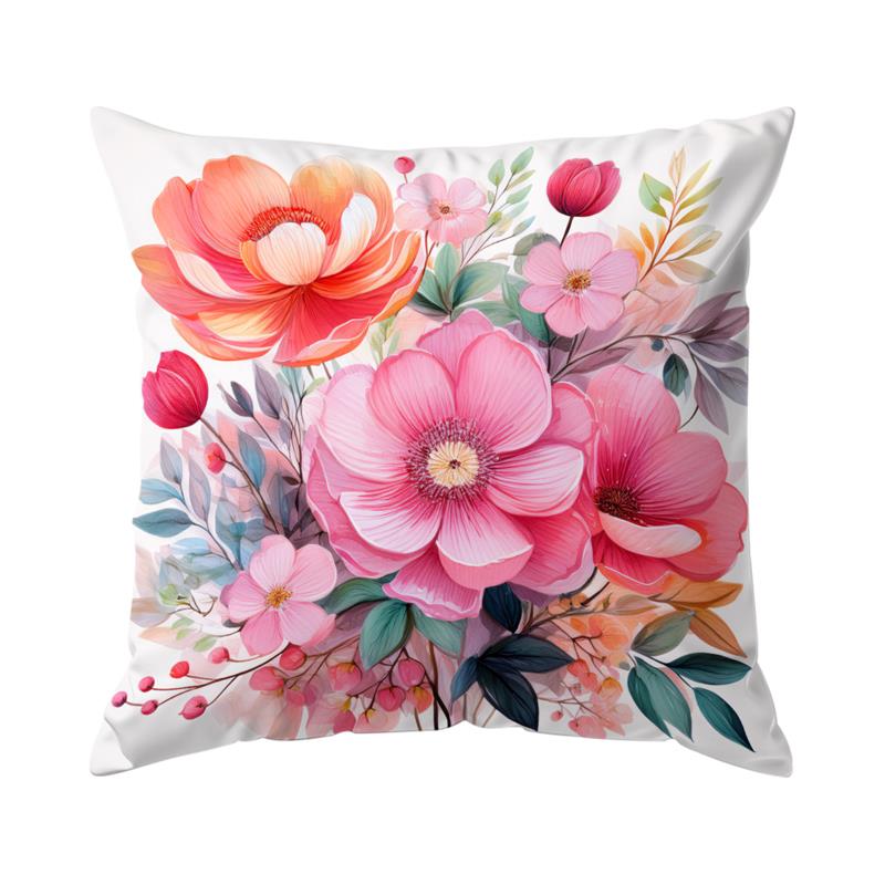 Pink Watercolor Flower Pillowcase Soft Plush Decor Cartoon Floral Plant Cushion Cover For Sofa Home Children Room Pillow Case