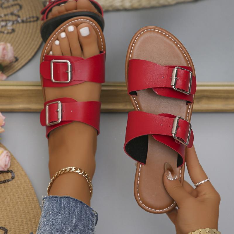 New large-size buckle flat-bottomed one-word slippers women's open-toed retro wind beach slippers