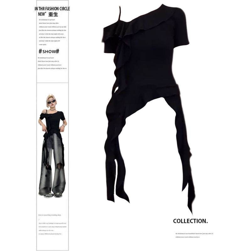 

Rebirth Chubby Irregular Ribbon Sloping Shoulder Short sleeve T-shirt Women Summer New Slim fit Design Sense Gyaru Top Top M