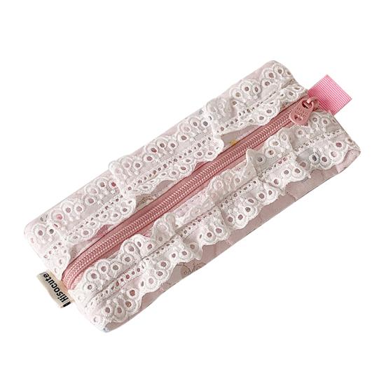 

Пенал с кружевной отделкой, гладкой молнией, сумка для хранения косметики и канцелярских принадлежностей, милый органайзер для ручек для школы и офиса розовый