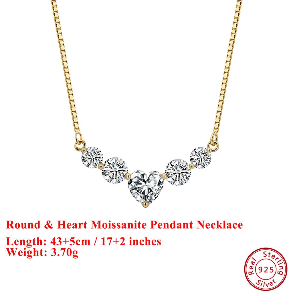 EFFIE QUEEN 925 Silver 14k Gold Round & Heart Cut Moissanite Pendant Necklace Romantic Jewelry for Women Valentine's Gift MON13